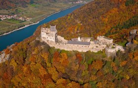 Luftaufnahme der Ruine Aggstein inmitten herbstlicher W&auml;lder mit Blick auf die Donau.