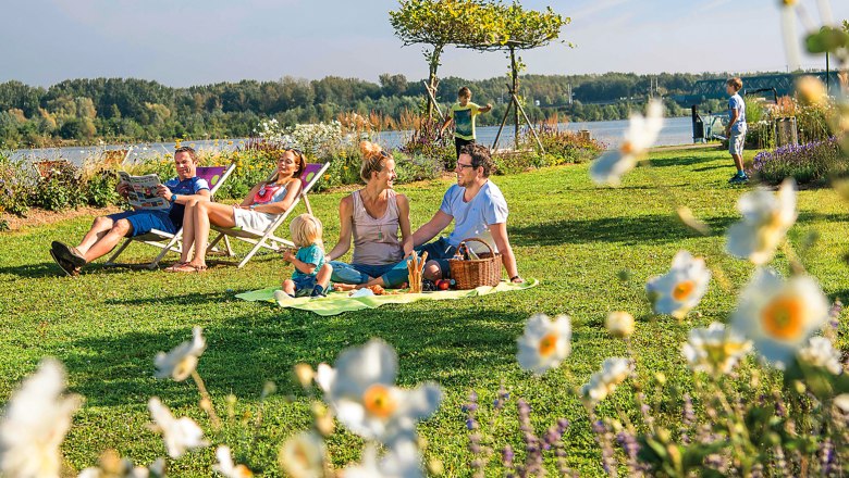 Familienpicknick im Gr&uuml;nen mit Blumen im Vordergrund und einem Fluss im Hintergrund.